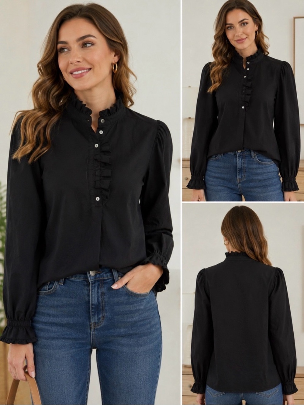 Pinch Black Ruffle-Trim Button Front Blouse